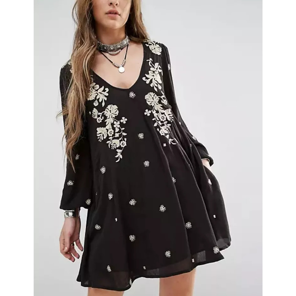 Free People Womens Sweet Tennessee Mini Dress Floral Embroidered Black M? Boho